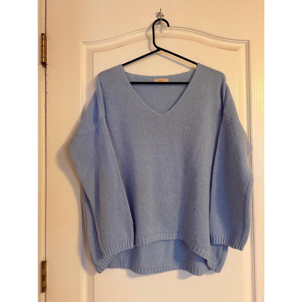 Nais V-Neck Sweater Women's XL Blue Mohair Wool Blend Made in Italy Quiet Luxury